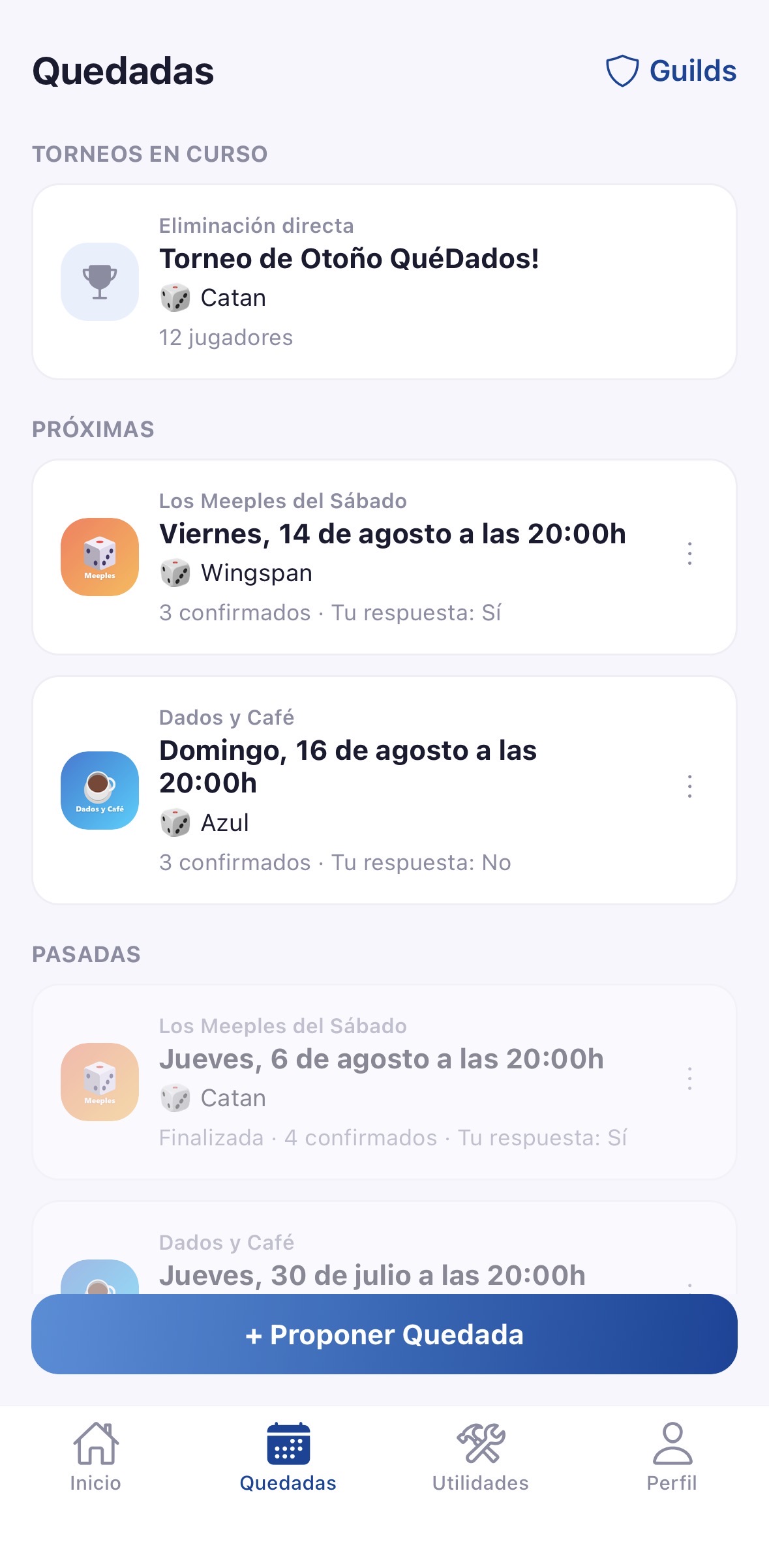 Pestaña Quedadas, con un torneo en curso