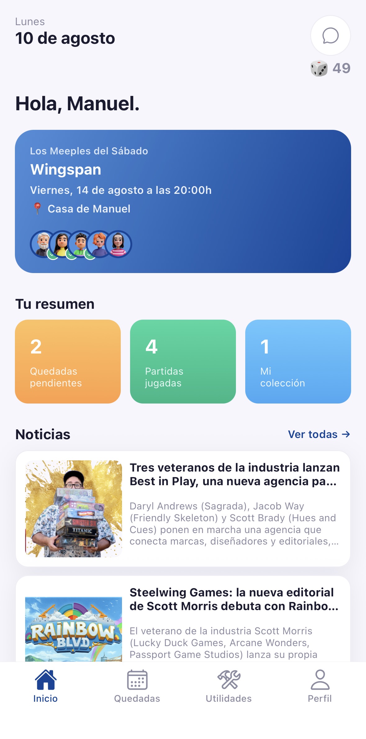 Pantalla de Inicio de la app QuéDados!, con la próxima quedada y el resumen de tu grupo